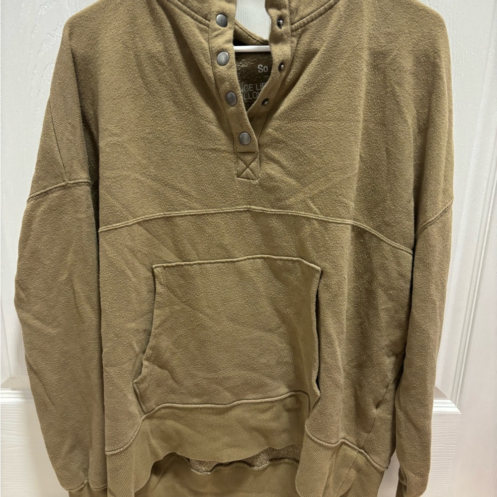 Tan Pullover Hoodie with Snap Buttons